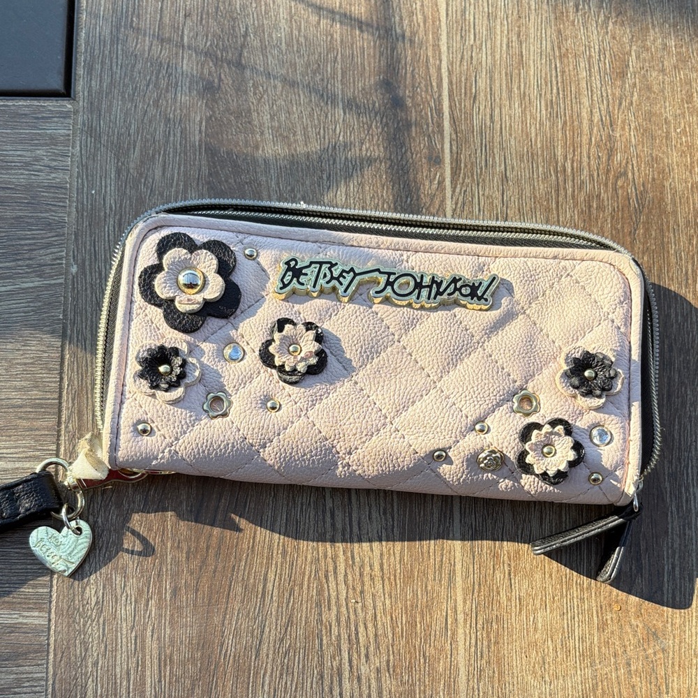 Betsey Johnson Blush Quilted Wallet with Black Floral Details